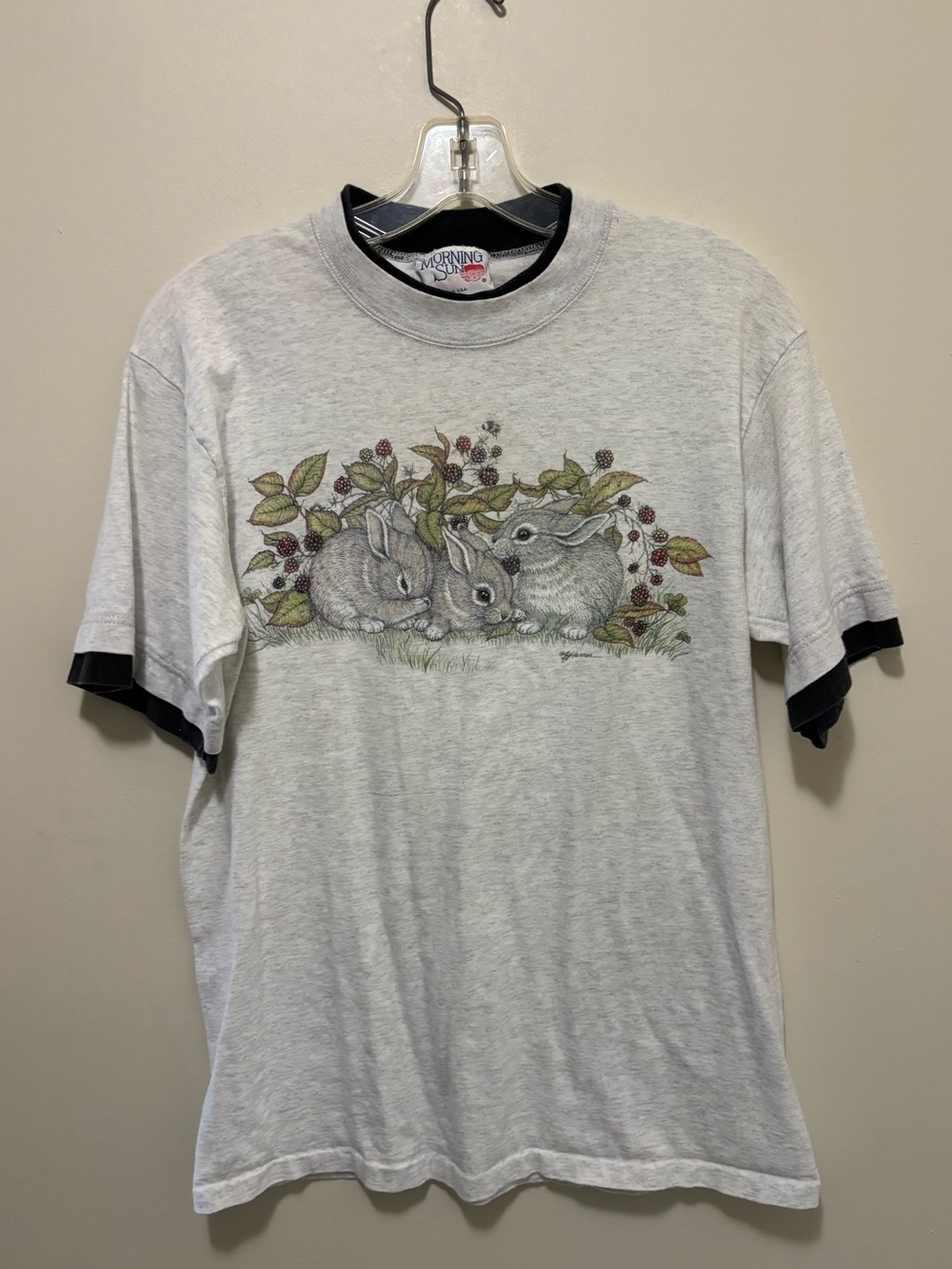 Vintage 90s Morning Sun Bunny Rabbits & Blackberries Ringer T-Shirt